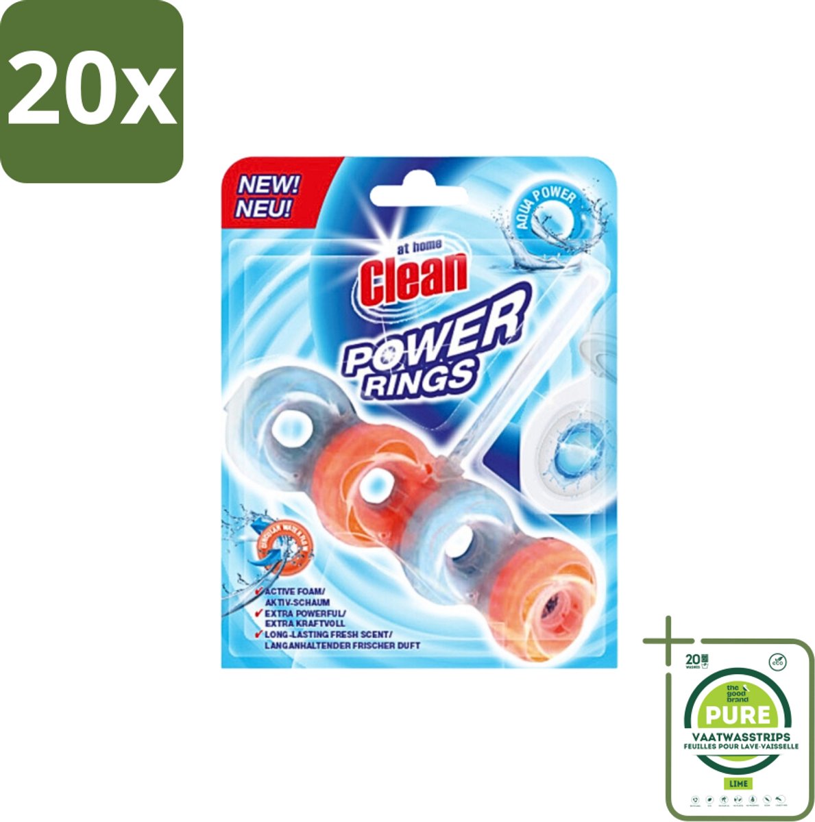 20 x At Home - Clean - Toiletblok - Power Rings - Aqua Power - Extra Sterk - 1 Blok - Grootverpakking - Toiletblok - Reiniging - Frisheid - Aqua Geur - Toilet Reinigen