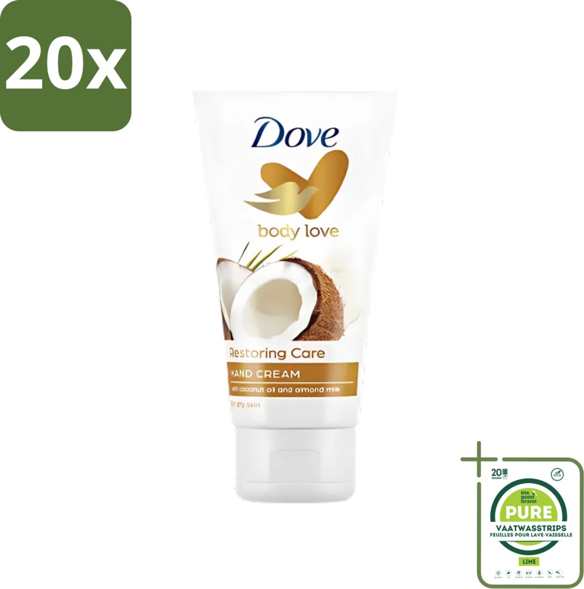 20 x Dove - Handcrème - Body Love Restoring Care - Kokos & Almond - Hydraterend - Droge huid - 75 g - Grootverpakking - Handcrème - Handverzorging - Droge Huid - Hydraterende Crème - Kokos En Amandel