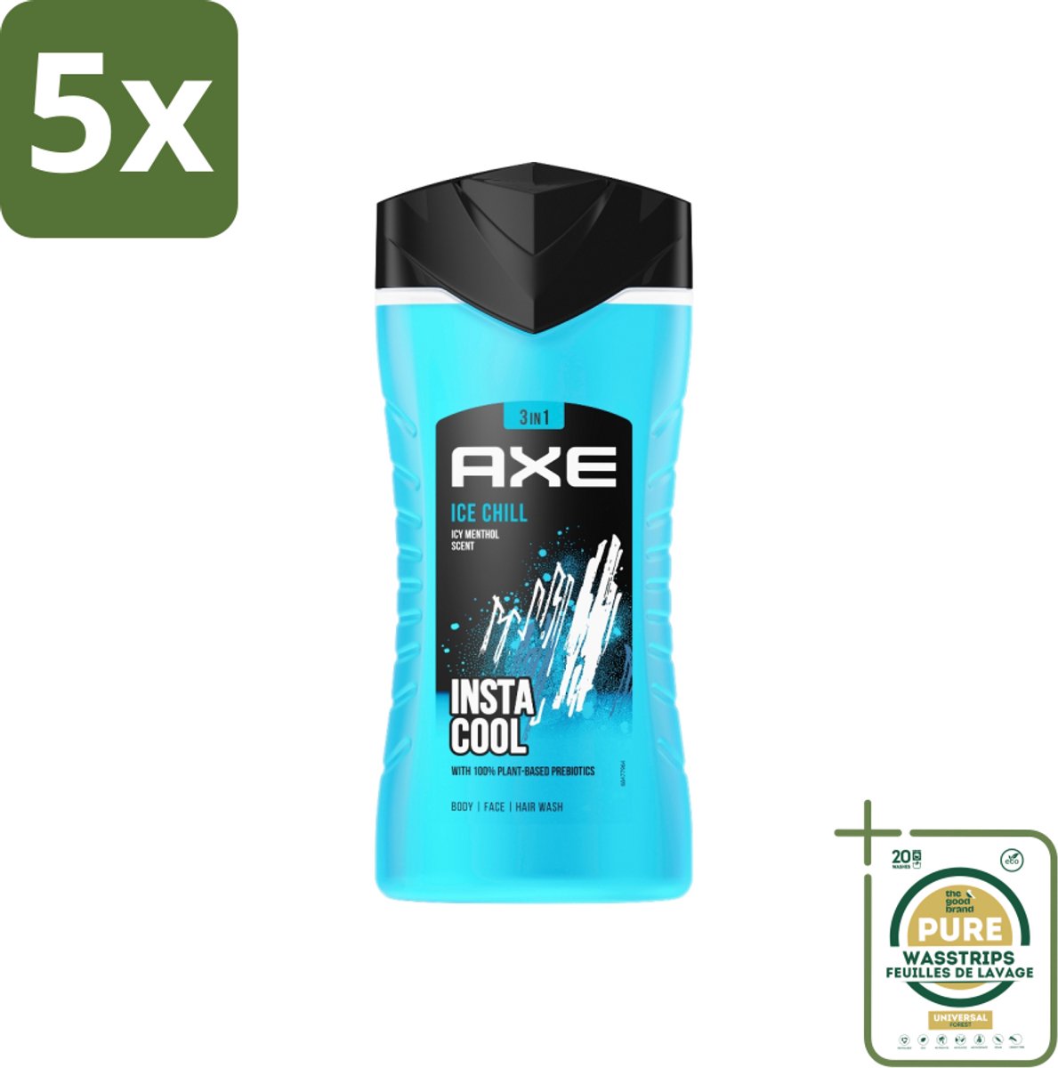 5 x Axe - 3-in-1 Douchegel - Ice Chill - Icy Menthol - Insta Cool - 100% Plantaardig - 150 ml - Grootverpakking - 3-in-1 Douchegel - Douchegel Menthol - Douchegel Bevroren Munt - Douchegel Voor Gezicht En Haar - Douchegel 12 Uur Geur
