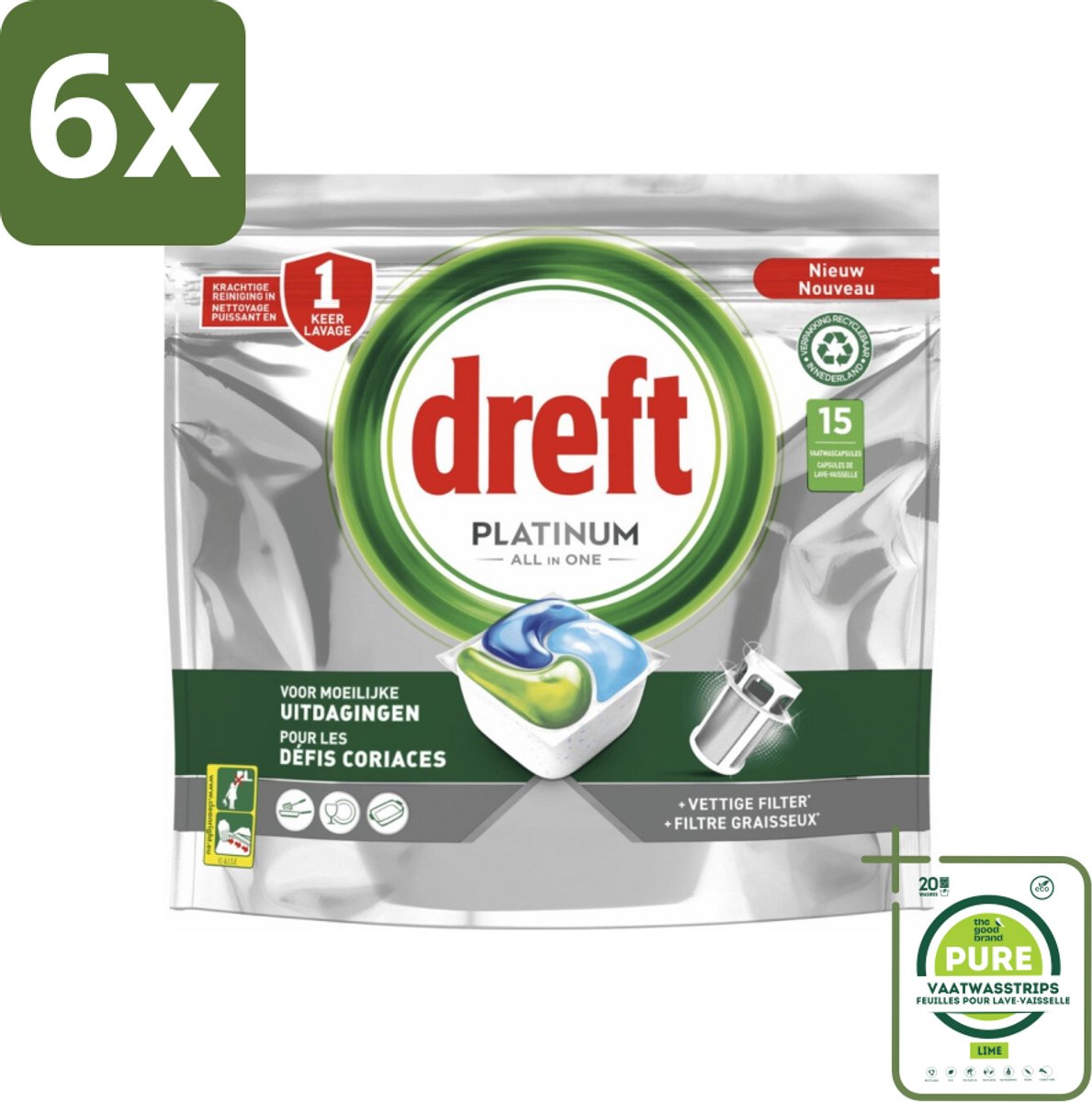 Dreft - Platinum All In One - Vaatwascapsules - Voor Moeilijke Uitdagingen - 15 Capsules - Voordeelverpakking - 6 stuks - Vaatwasser - Vaatwasmachine