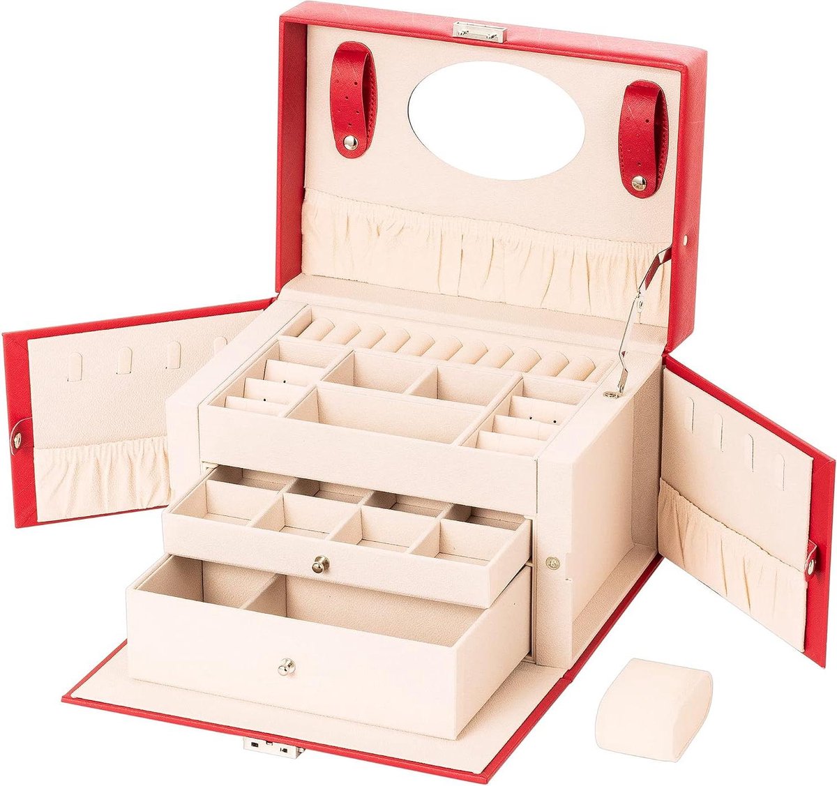 Sieradendoos met laden - Juwelendoos organizer - Sieraden opbergen - Met spiegel - 26 x 18 x 18 cm - Rood