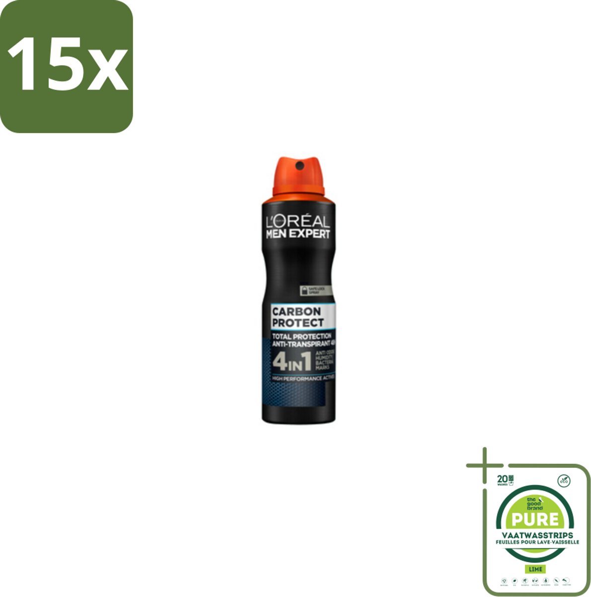 15 x L'Oréal Men Expert Deodorant Spray Carbon Protect 150 ml - Grootverpakking - Deodorant Spray - Anti-geur - Anti-vocht - Anti-bacterie - Vlekken Op Kleding