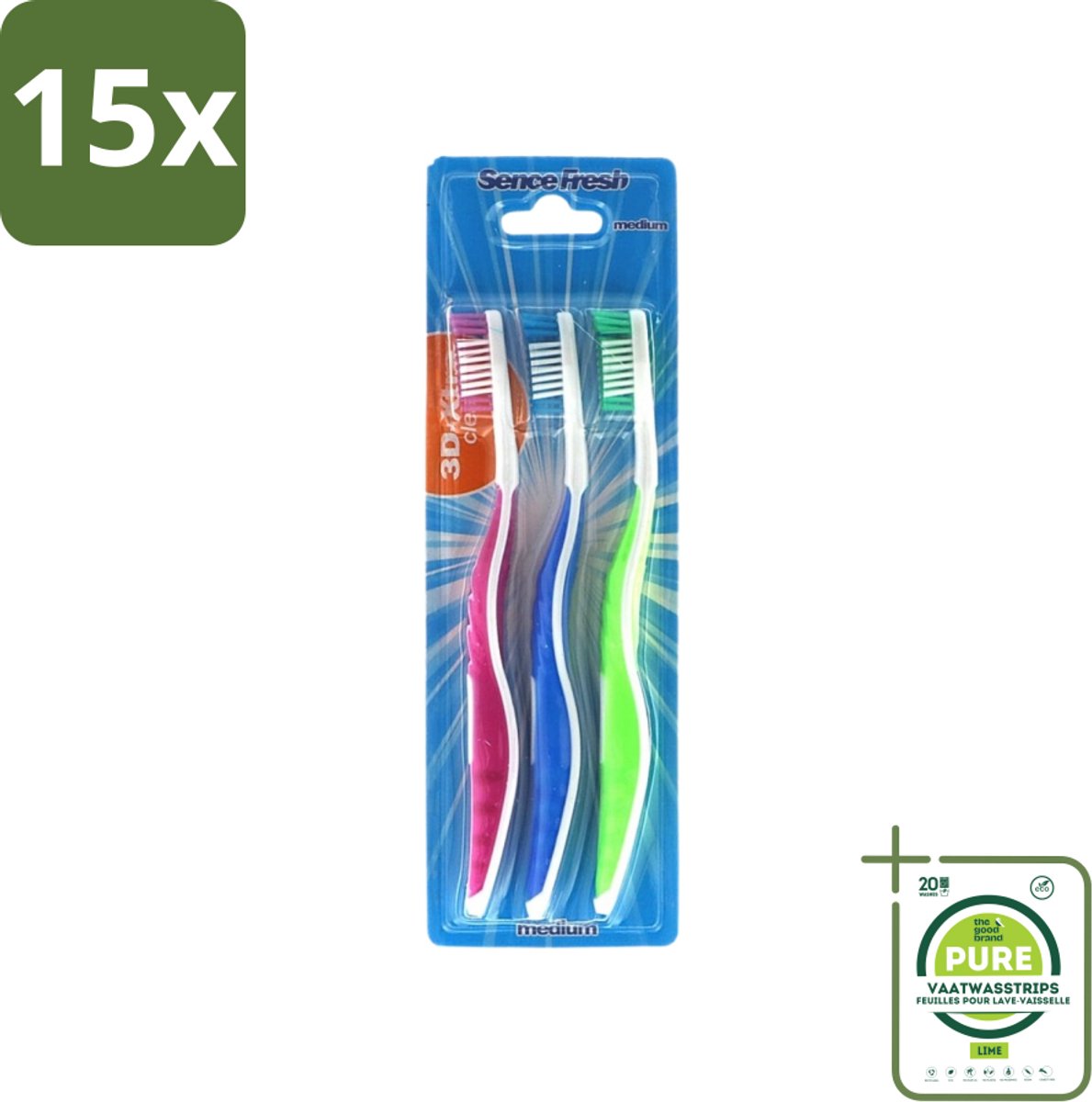 15 x Sence - Fresh 3D-Extra Clean - Tandenborstels - Medium - 3 Tandenborstels - Grootverpakking - Tandenborstel - Tandenborstels - Tandenborstel 3d - Tandenborstel Extra Clean - Tandenborstel Medium