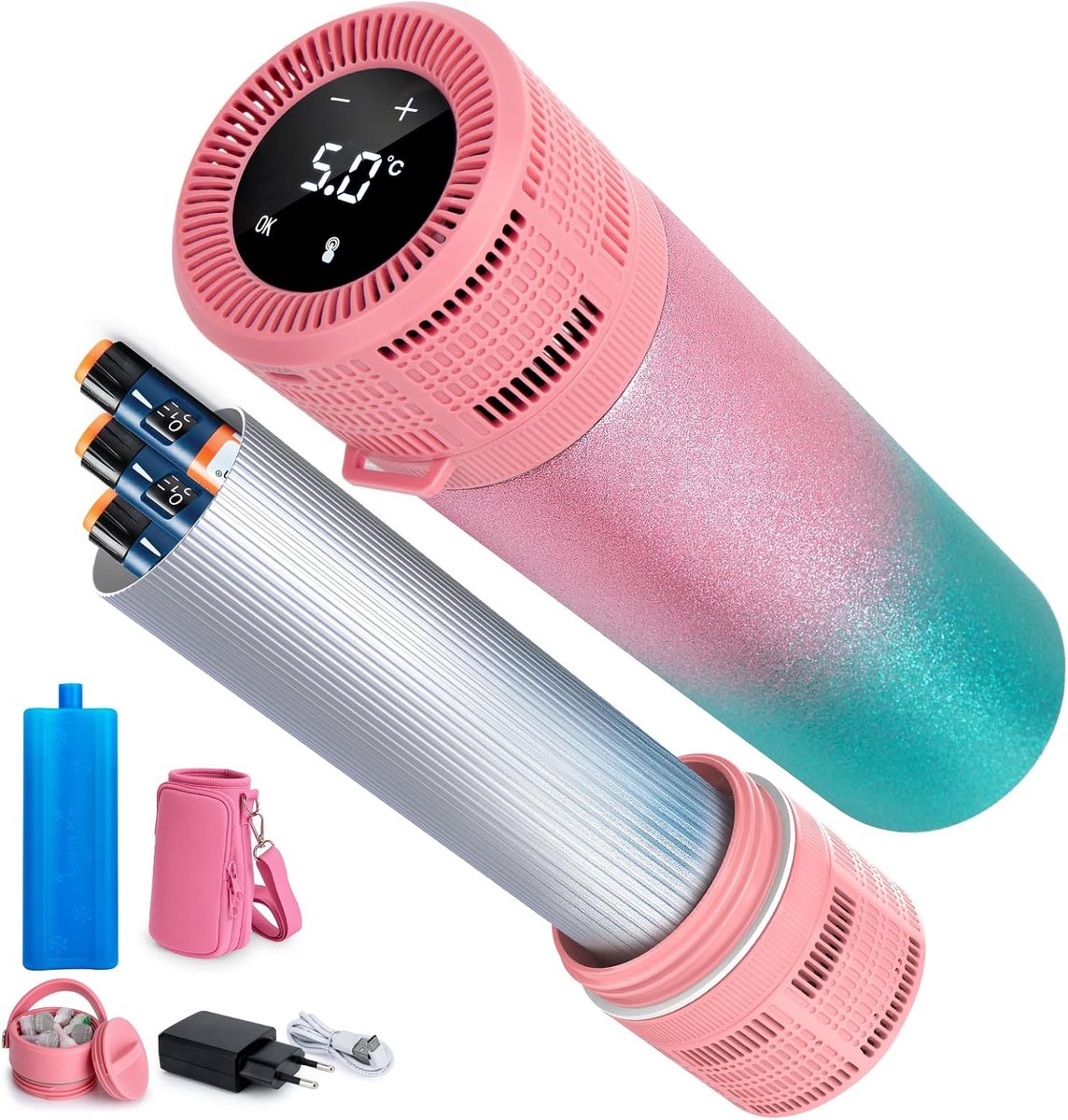 SnelShoppen - Insuline Koeltas met Temperatuurweergave, 304 RVS, Koelbekers voor Insulinepen, Medicijnen, Draagbare Insuline Koelbox, Glitter Roze