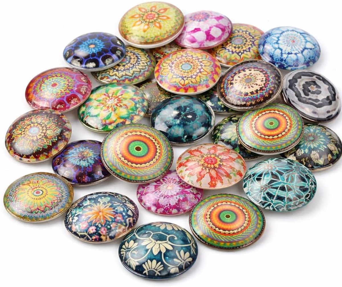 Glazen cabochon, 25 mm, set van 20 stuks, mozaïekmix, ronde glazen cabochons voor het maken van sieraden, hangers, doe-het-zelf, knutselen, kleurrijke glazen koepel voor fittingen