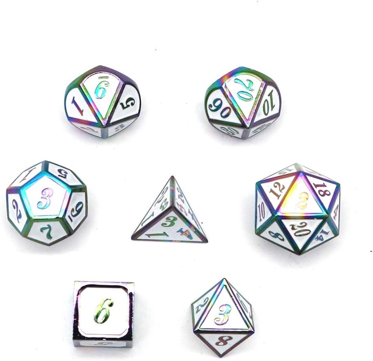 7-delige metalen dobbelstenen set DND-spel polyhedral massieve metalen D&D-dobbelstenen set met opbergzak en zinklegering met emaille voor rollenspel Dungeons and Dragons (Kleurrijk Wit)