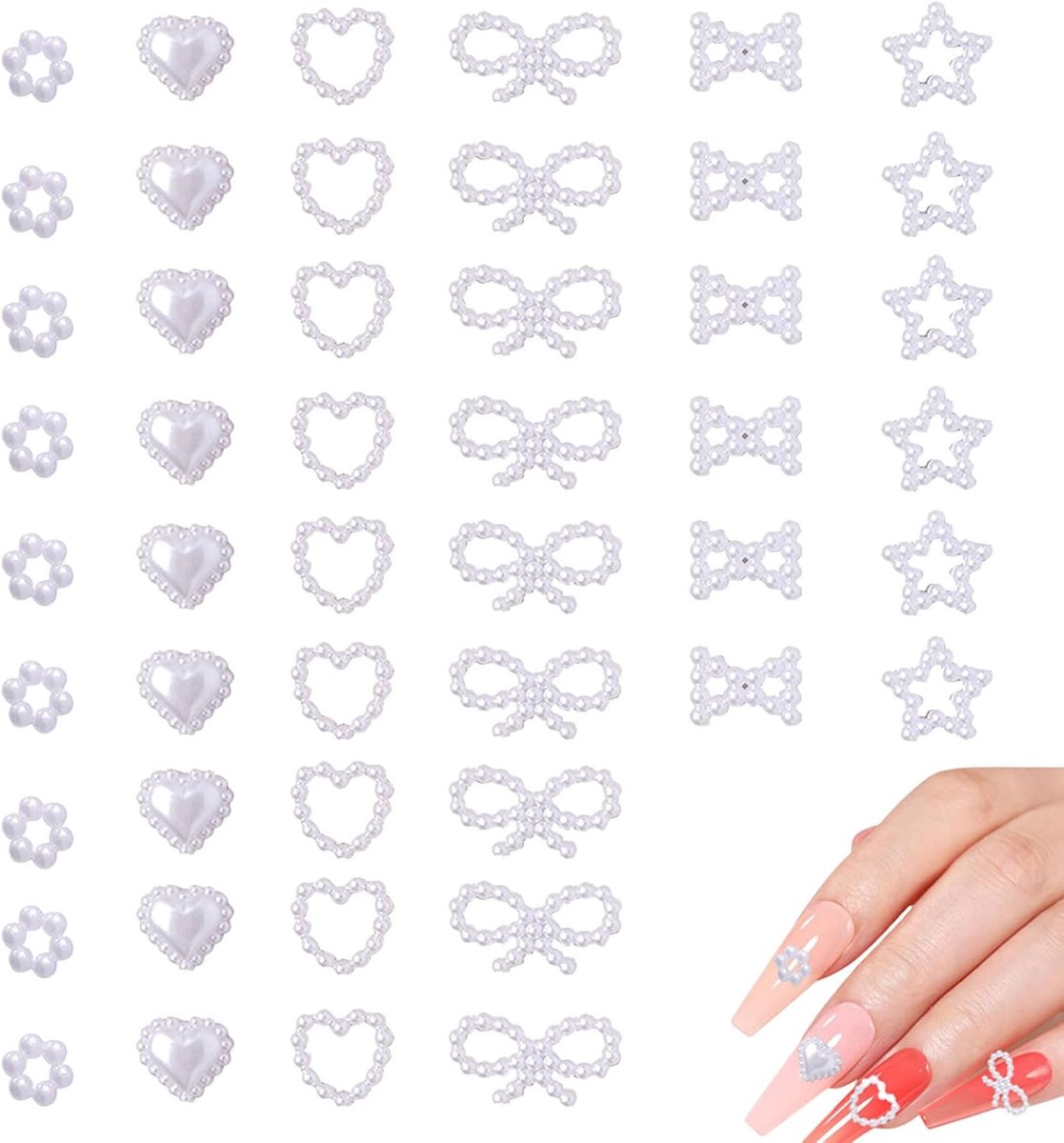 nagel bedels, 200 stuks witte parels nail art bedels 3D liefde hart ster bloem boog nail art decoraties voor nail art ontwerp doe-het-zelf knutselen (wit)