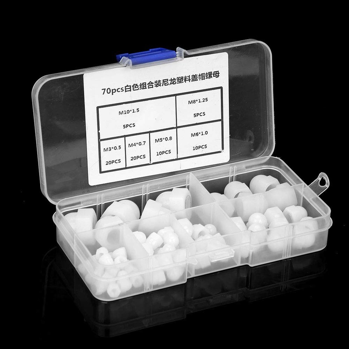 70 Stuks Moer Eikel Plastic Zeskant Eikelmoer, Dome Cap Moer Eikelmoeren M3/M4/M5/M6/M8/M10 Nylon Moer Zeskantkop Dome Acorn CoverNut Zeskantkop Dome (Wit)