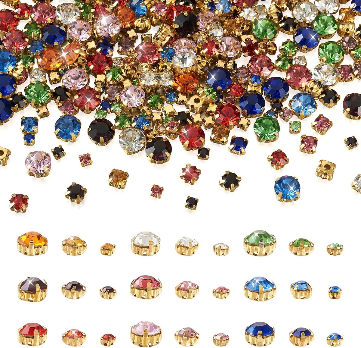 918Pcs Naaien Op Strass Met Gouden Prong Instellingen Platte Ronde Klauw Flatback Kristal Glas Steentjes Voor Jurk Kleding Schoenen Tas Decoratie Gemengde Kleur 2