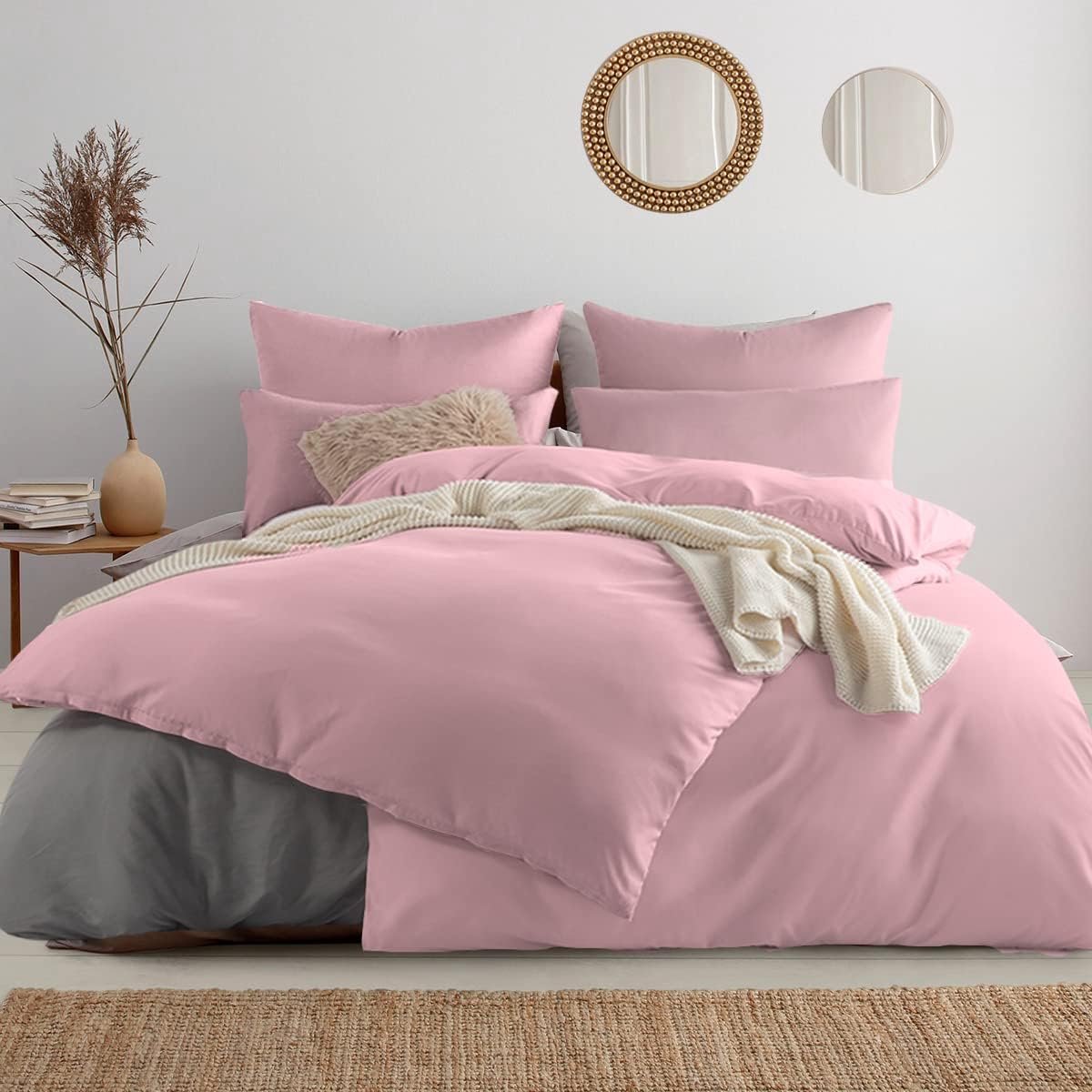 Beddengoed, roze, 135 x 200 cm, 6-delig, 2 dekbedovertrekken 135 x 200 cm + 2 kussenslopen 80 x 80 cm + 2 kussenslopen 40 x 80 cm, zacht en strijkvrij, microvezel, met ritssluiting (6-delig 135