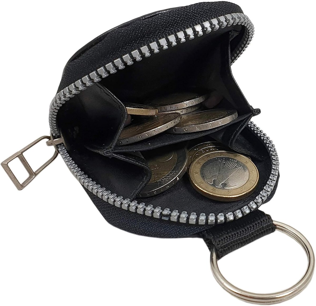 leren sleutelhanger met vak voor kleingeld in plantaardig gelooid rundleer MJ-Design-Germany in zwart, zwart, Eén maat, sleuteletui