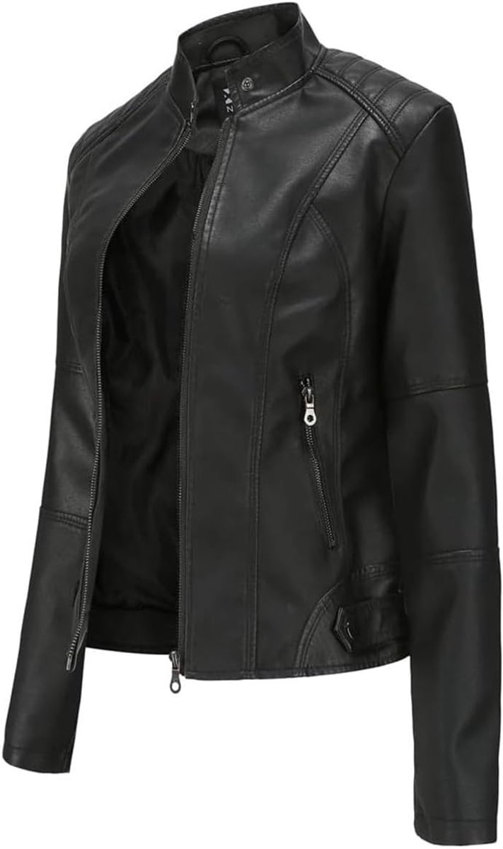 Kunstlederen jas voor dames, herfst en winter, korte jas, casual PU-lederen jas, bikerjack met ritssluiting en zak