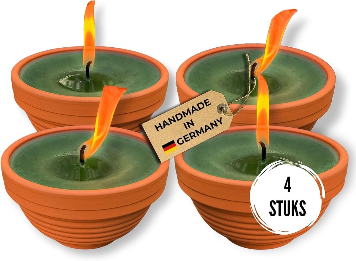 4 x kleine outdoor kaarsen, handgevulde terracottakaarsen van gerecyclede was, 15 uur brandduur, 5 cm vlamhoogte, tuinkaarsen, 9,5 cm Ø