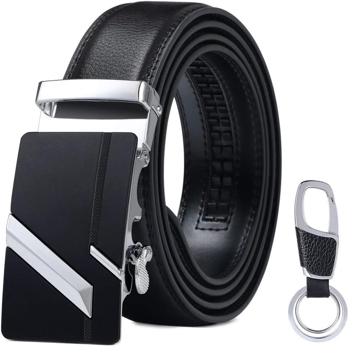 flintronic Heren Riem, Automatische Gesp Lederen Ratelriem voor Mannen, Leren Riem Breedte 3,5 cm Lengte 125 cm (Incl. Sleutelhanger & Geschenkdoos)
