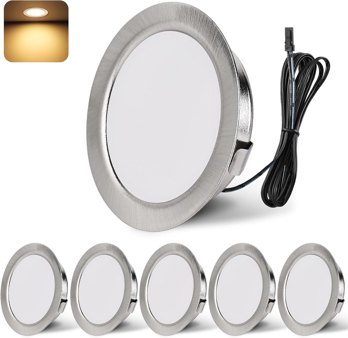 inbouwspot LED 12V 3000K warm wit LED spot dimbaar 3W LED inbouwspots 55-58mm gatmaat inbouwverlichting voor camper, keuken, kledingkast aluminium nikkel 6-delige set