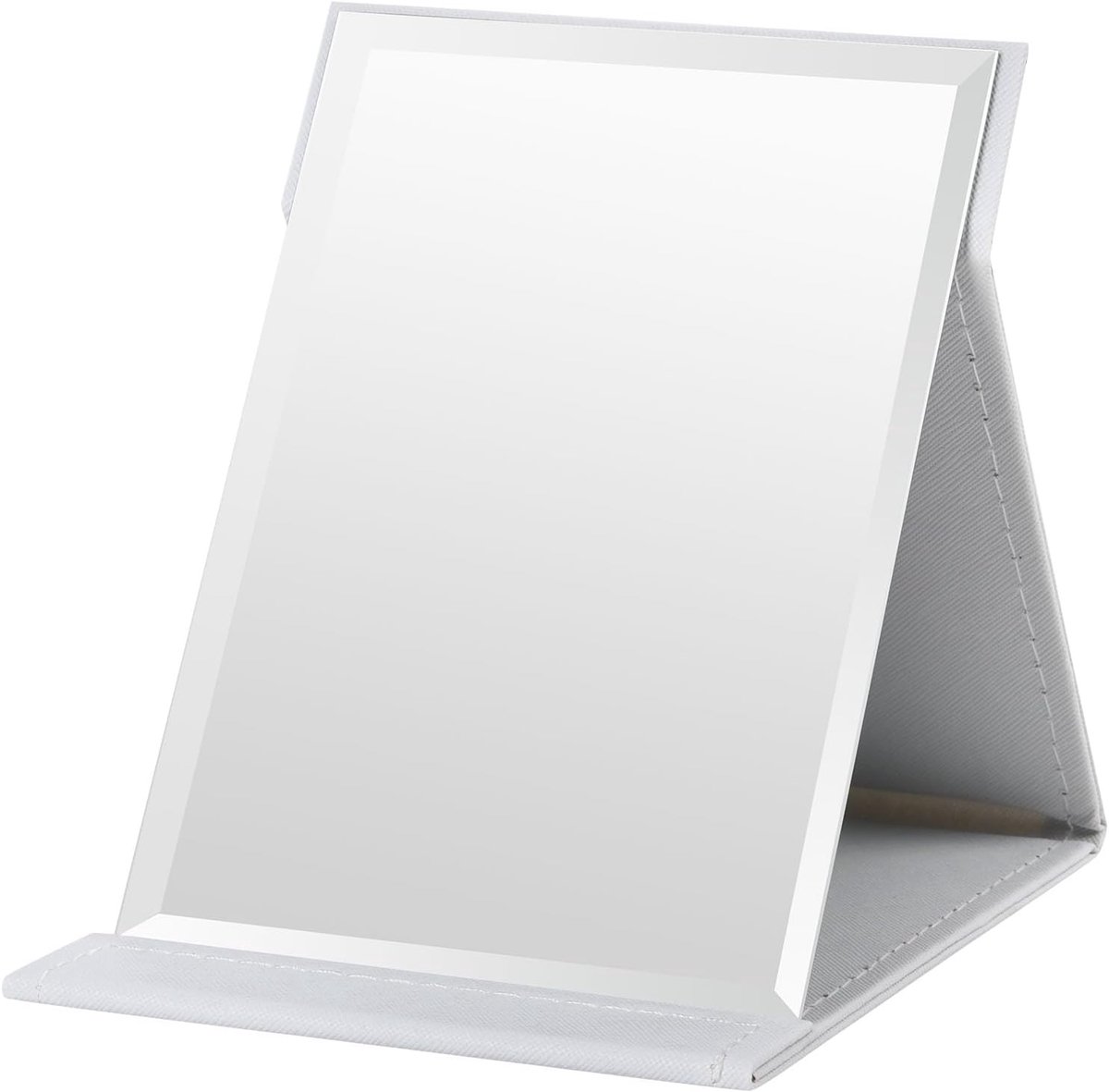 Opvouwbare tafelspiegel, 17 x 12,5 cm wit PU-lederen draagbare reis- en bureaumake-upspiegel met standaard voor kantoor, make-uptafel, camping