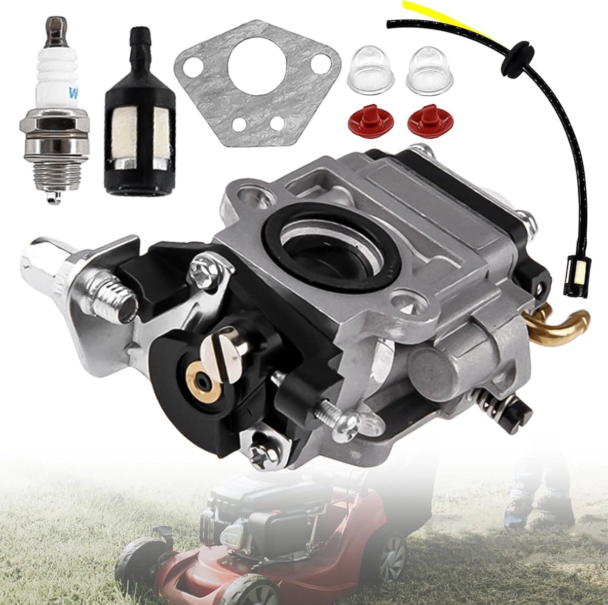 Carburateur voor bosmaaier, 52 cc, 49 cc, 43 cc, set met pakking pomp, slang, ventiel, bougie en benzinefilter, geschikt voor een groot aantal grasmaaiers, bosmaaiers