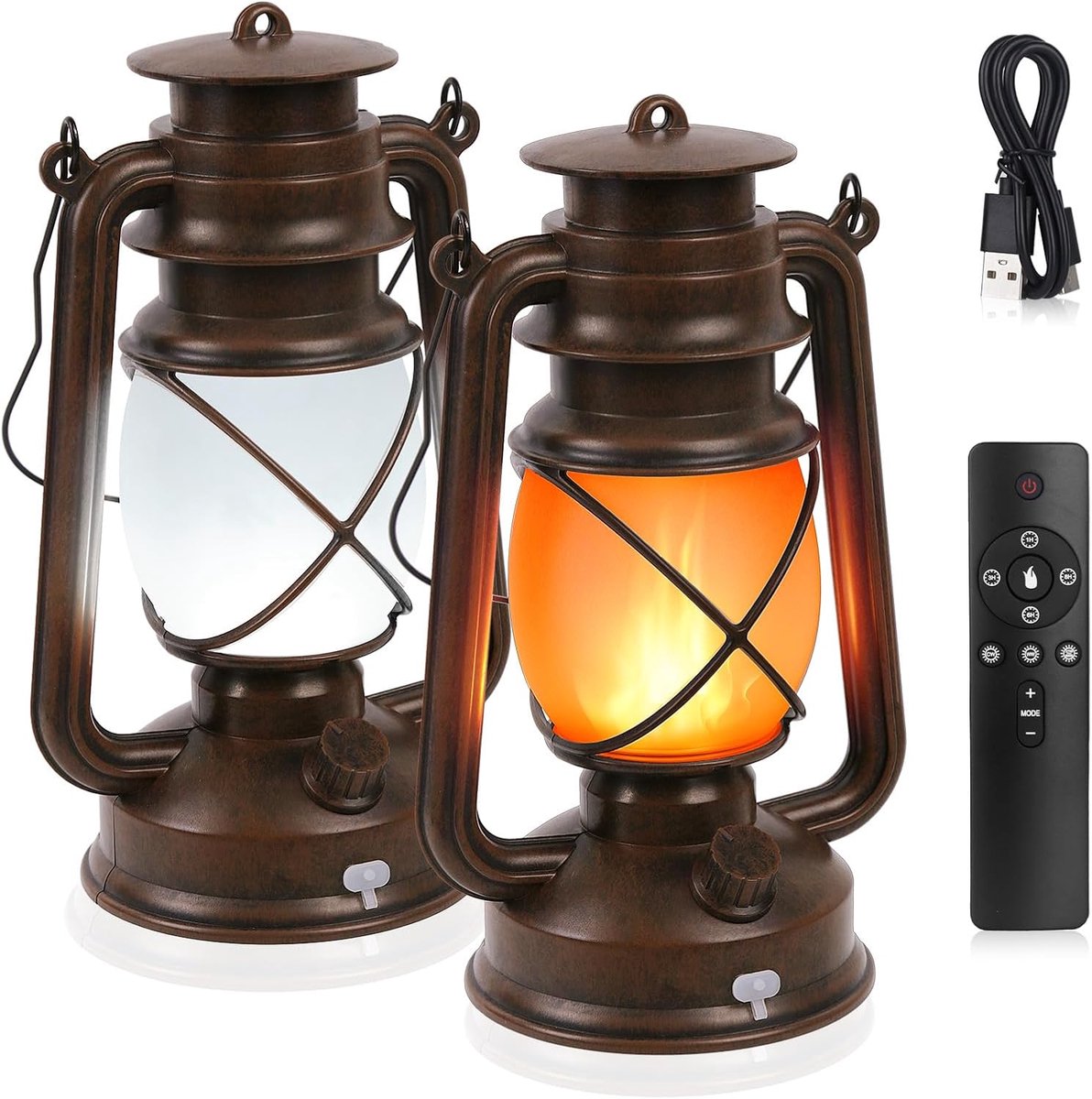 Lantaarns voor buiten, 2 stuks, retro tuinlampen voor buiten, vintage vlameffect, hangend, USB, led-lantaarn, outdoor, weerbestendig, outdoor lamp met afstandsbediening