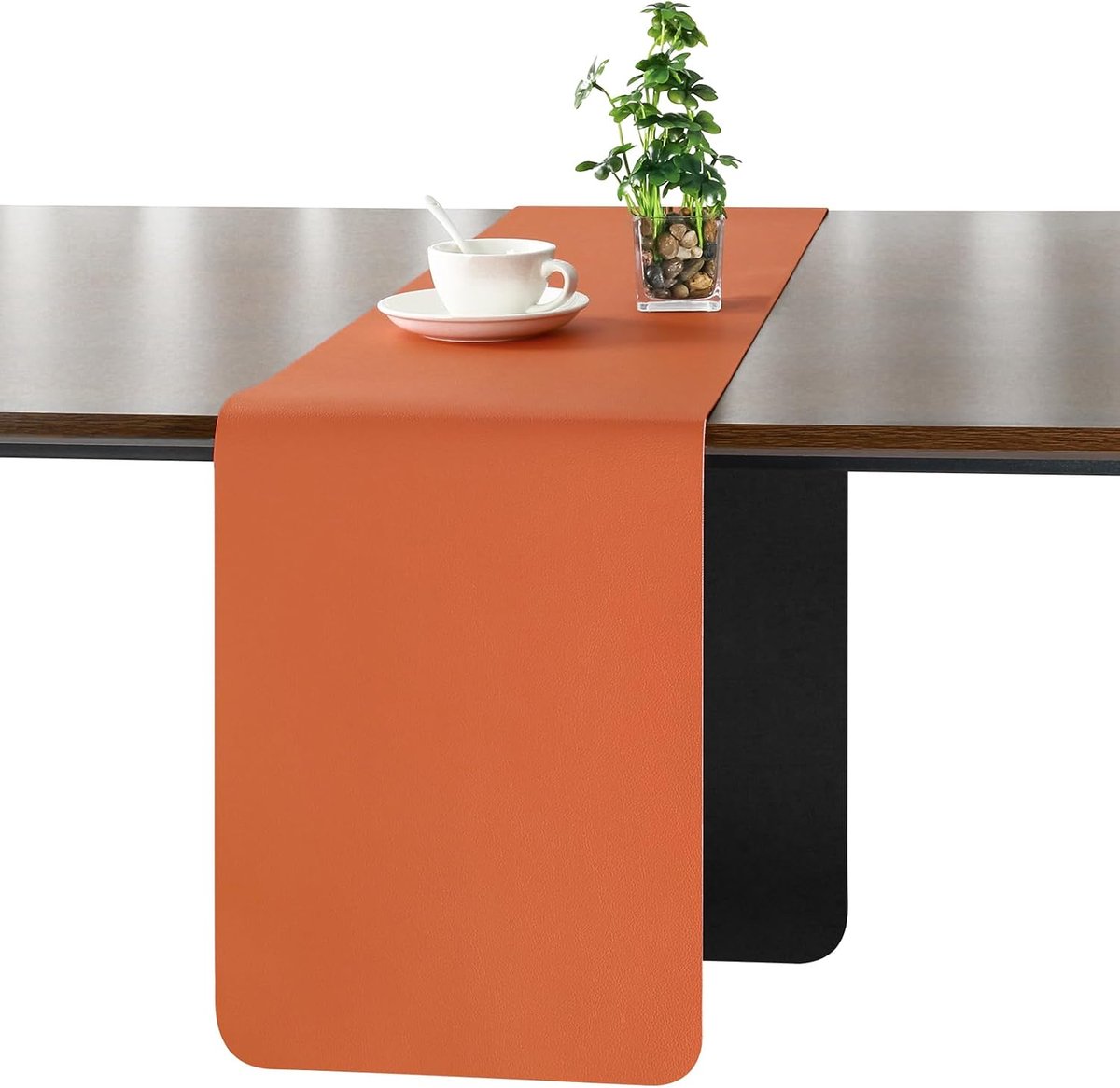 JUN Moderne Afwasbare Dubbelzijdige Leren Tafelloper Waterdicht | Antislip Tafelloper voor Binnen en Buiten Tafeldecoratie voor Eettafel Feest en Restaurant(Zwart Oranje 40 X 140 cm)