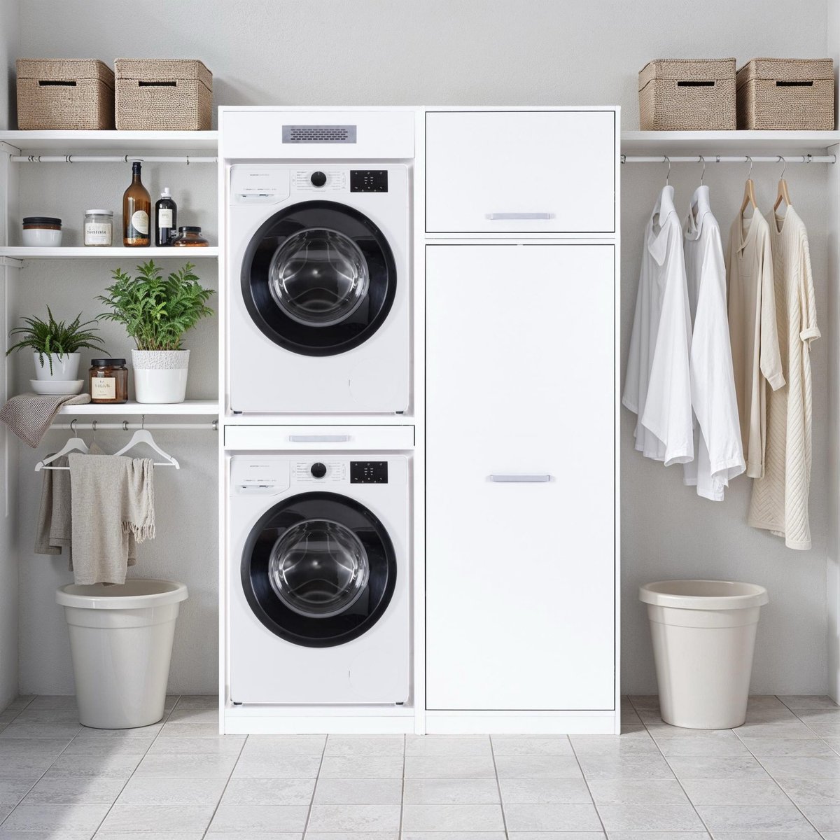 Interlink Lifestyle Studio Flow Wasruimtecombinatie Bundel 05 - Wit - 134 x 68 x 208 cm - Complete wasruimte met wasmachinekast en opbergkast