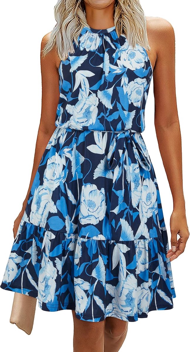 zomerjurk met spaghettibandjes voor dames, verkrijgbaar in bloemenprint of effen kleur, mouwloos met V-hals, ideaal voor vakantie en feestjes