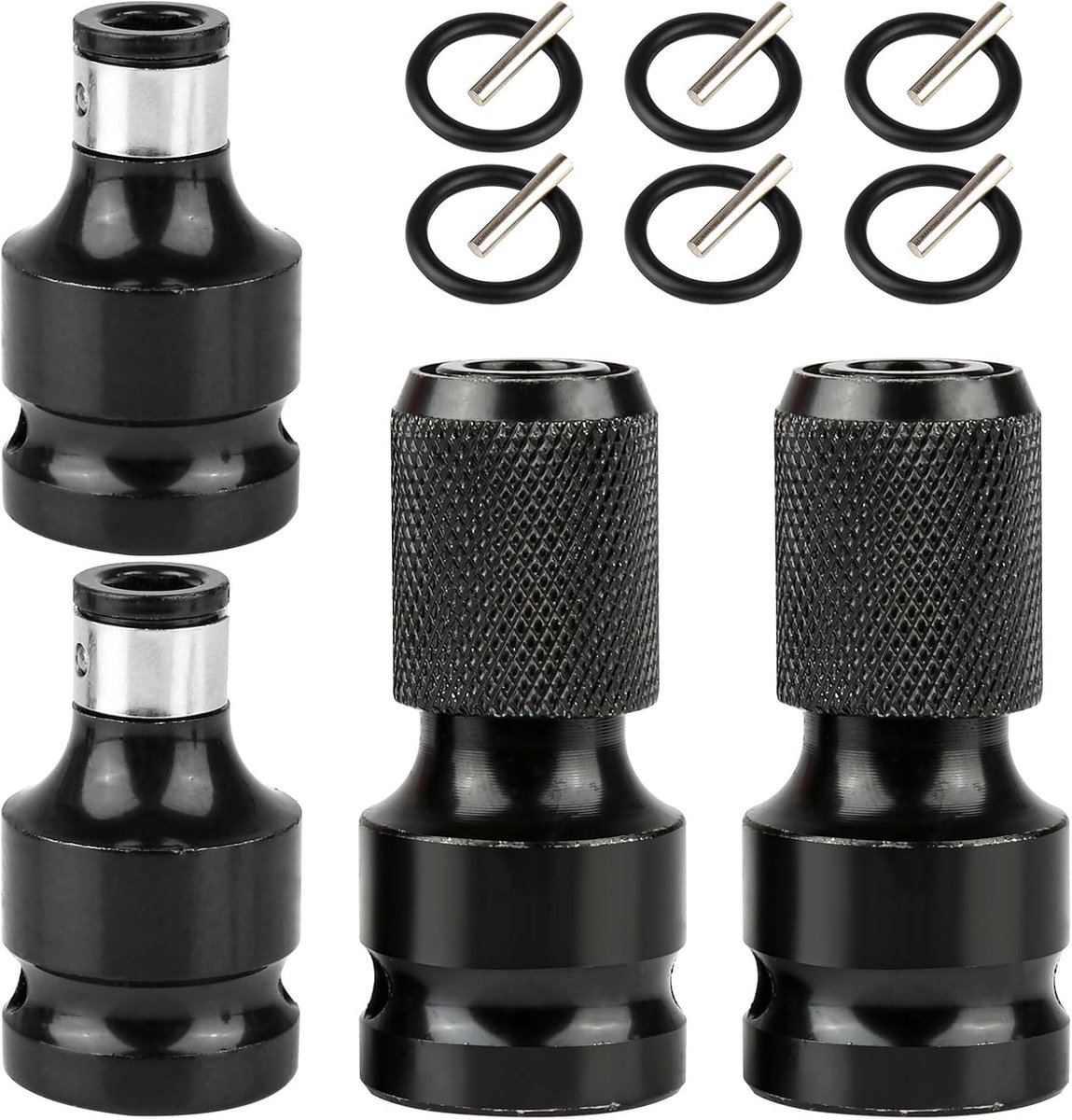 4 stuks slagmoerbitadapters, zwarte adapter 1/2 naar 1/4, zeskantige bus telescopische bus dopsleutel adapter met 6 stuks slagmoersleutel accessoires voor schroevendraaier bithouder
