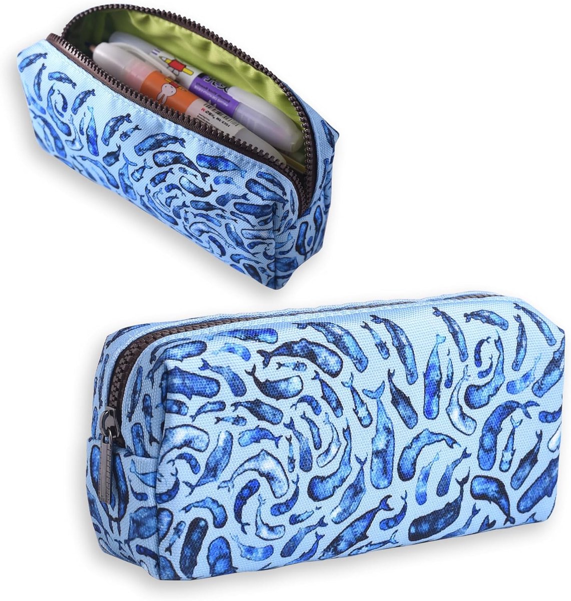Etui met grote capaciteit, kleine etui met ritssluiting, voor meisjes, jongens, tieners, volwassenen, esthetisch, voor school, kantoor, blauw, 18 x 5 x 8 cm, walvispatroon, blauw, canvas