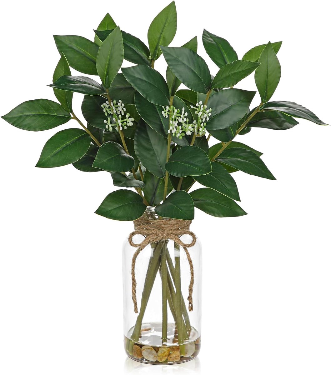14 inch Kunstmatige Laurier Planten in Glazen Vaas 36cm Faux Laurierbladeren Takken in Vaas met Faux Water Kleine Nep Plant Indoor Zijde Groen voor Thuis Kantoor Tafel Middenstuk Badkamer