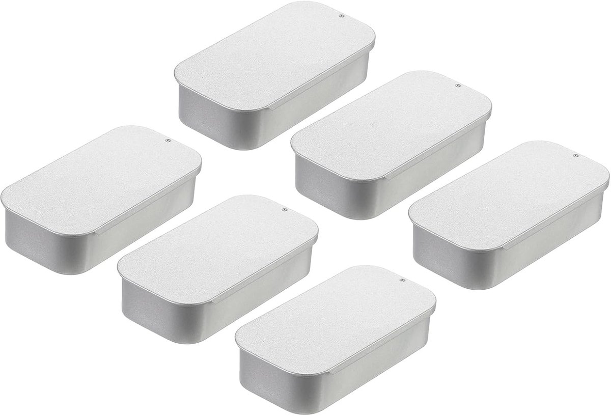 Metalen blikjes, 6 stuks, 9 x 4 x 2 cm, zilver, draagbare mini-blikjes van plaatstaal met schuifdeksel van metaal, voor het maken van sieraden