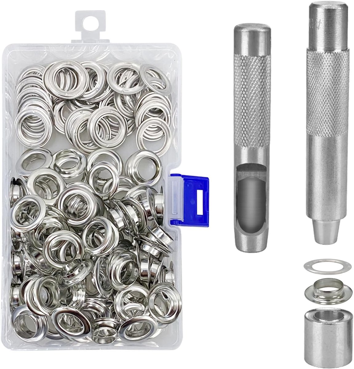 gereedschapsset, met 12 mm oogringen en sluitringen, ringtang, set met gereedschap en 100 zeilringen, met opbergdoos