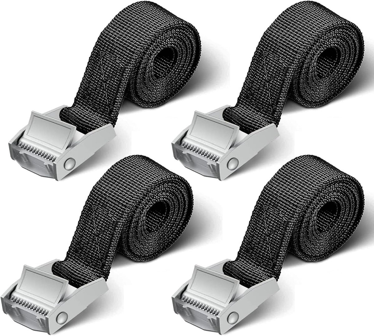 Spanbanden, kort, 4 stuks, 250 kg, 1 m, 2 m, spanriem, zwart, sjorband voor motorfiets, fietsendrager, extreem robuuste sjorbanden (2 m x 4 stuks)