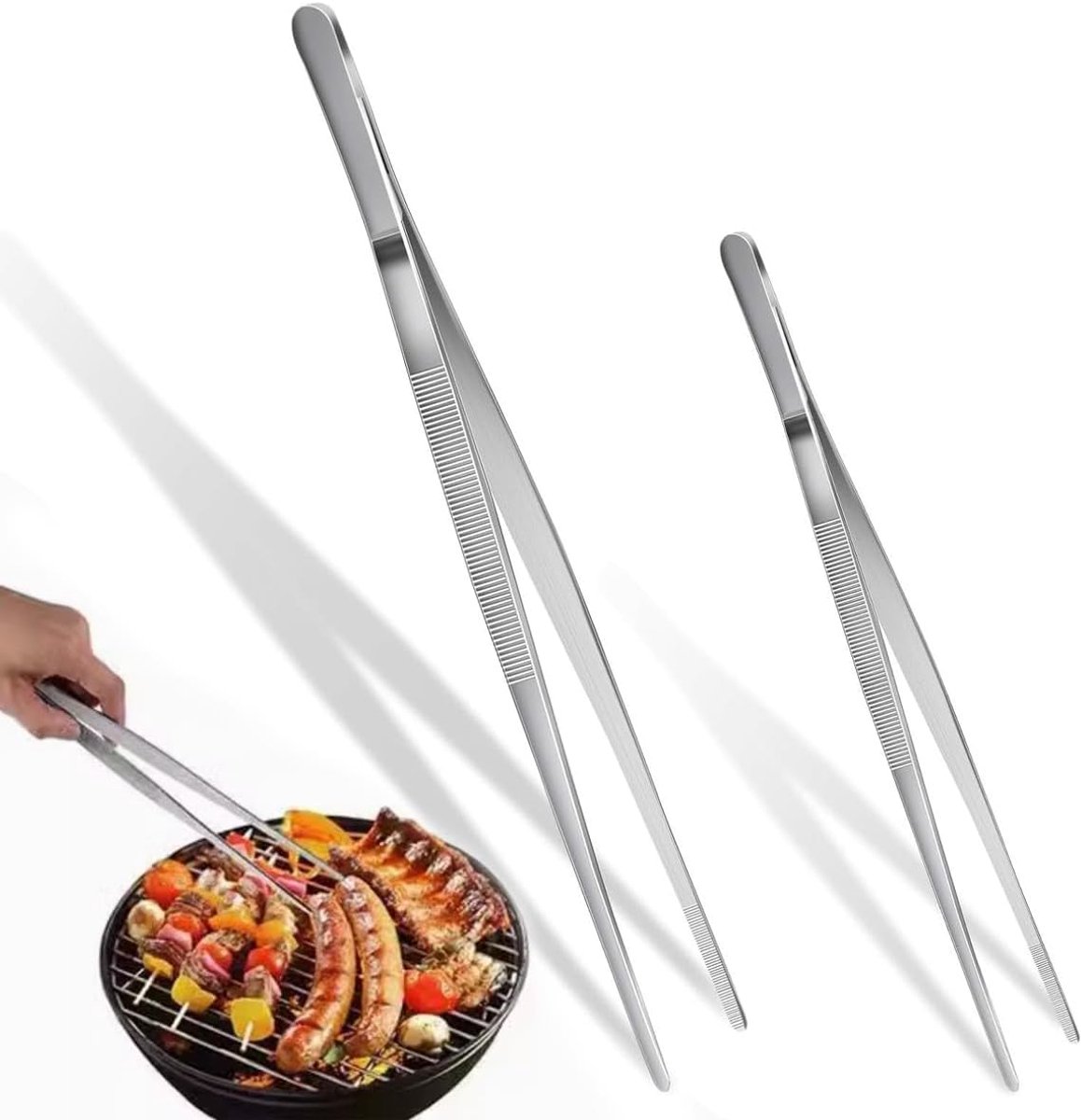 Set van 2 keukentangen, 30 cm + 20 cm, van roestvrij staal, geschikt voor levensmiddelen, professioneel, lang, voor keuken, reparaties, zeevruchten en grill