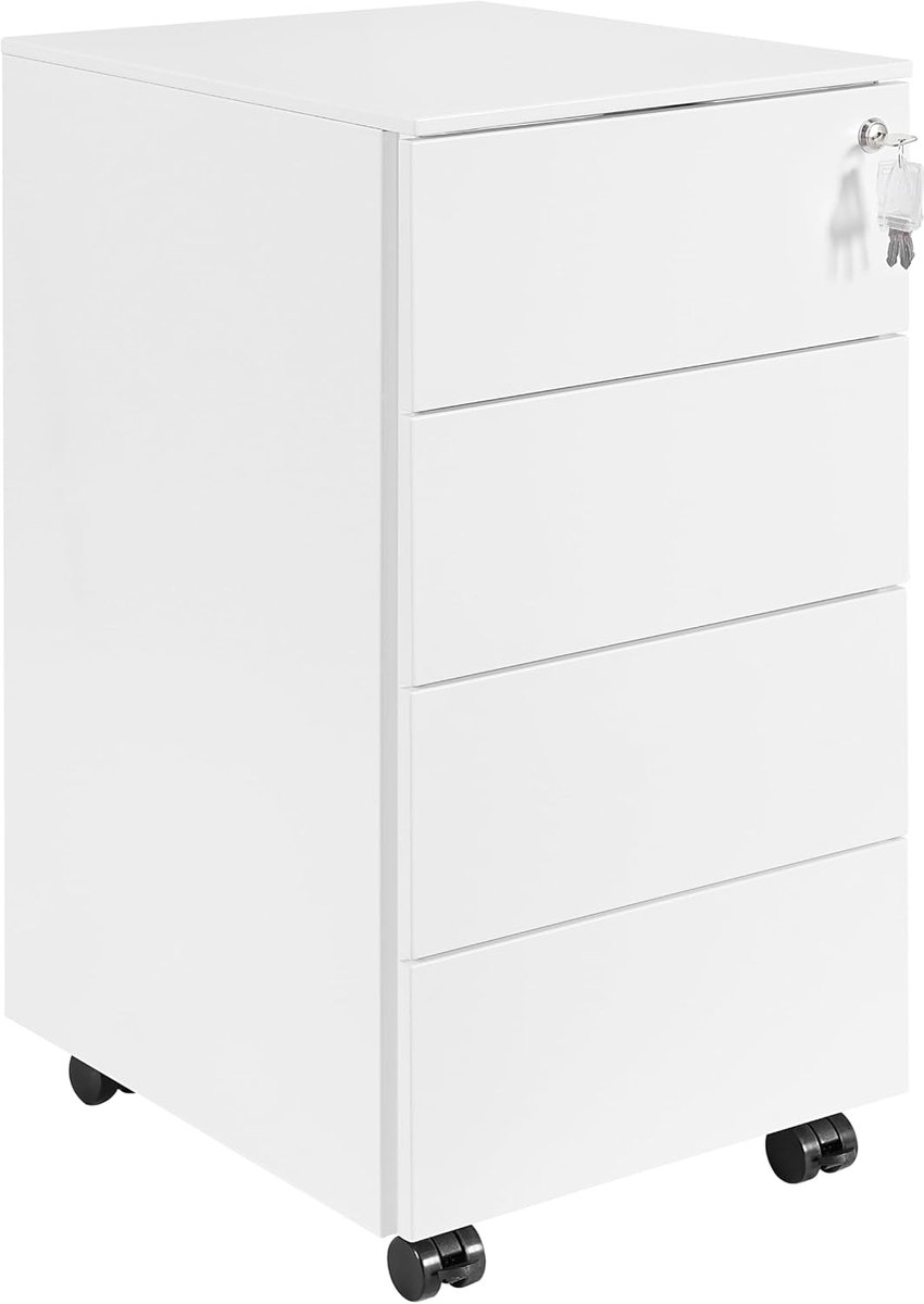 Bureaukast met 4 sleutels, mobiele opbergdoos, bureaulade, afsluitbaar, 4 laden, werk, thuiskantoor