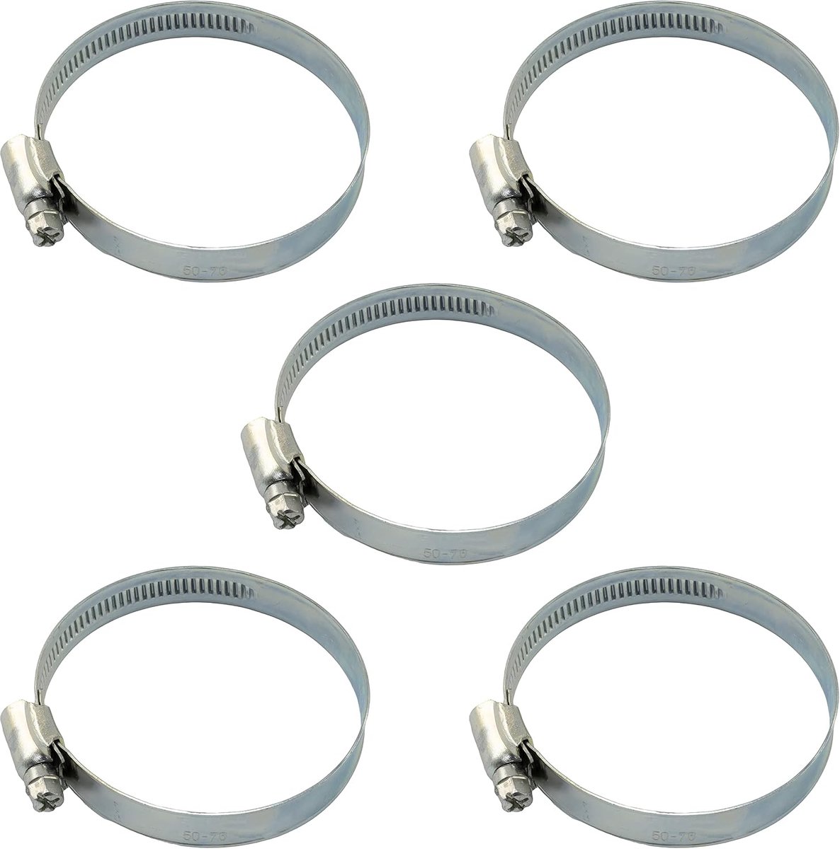 - C63595 - Set van 5 klemklemmen met schroefklem 50-70mm verstelbaar - breedte 12mm - van verzinkt staal - kleur zilver - tuinslang aansluiting irrigatie