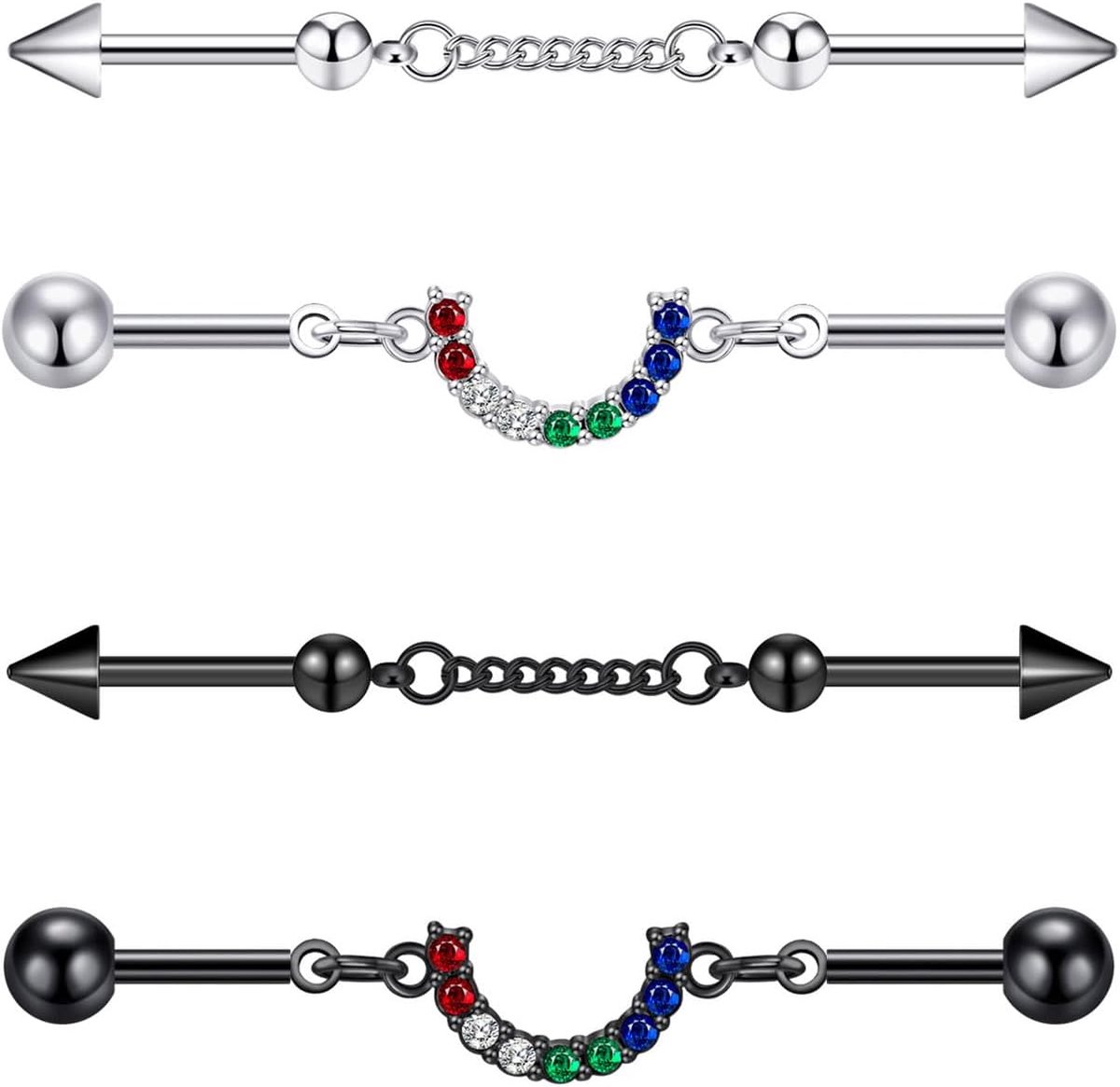 Dangle Industrial Piercing Bar Set met bungelketting / roestvrij staal kraakbeen barbells 14 gauge 38mm zilver / zwart piercing staafjes, Zirkonia