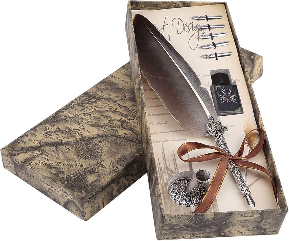 Set van vintage vulpennenset met 5 reservepunten, kalligrafiepen, veer, kalligrafieveer, zwart