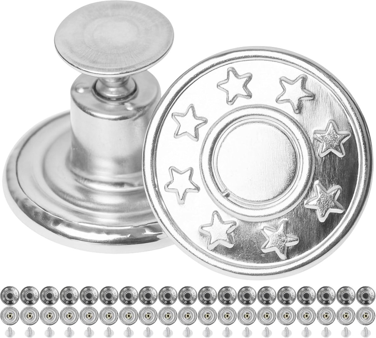 Knopen voor klinken, 20 stuks, Ø 20 mm messing jeansknopen, zilverkleurig, jeansknoop met klinknagels, jeansknoop voor klinken, metalen broekknoop, broeken breder maken