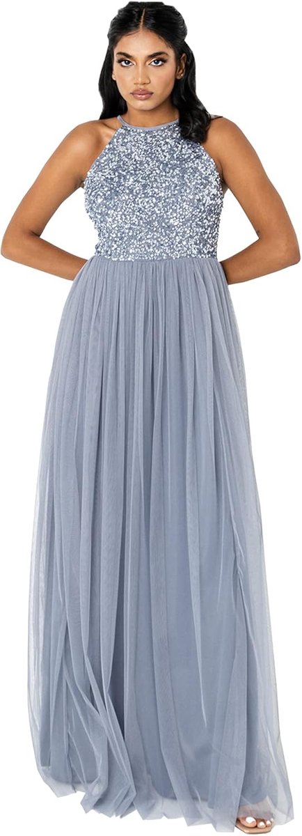 Deluxe Vrouwen dames bruidsmeisje maxi jurk halter hals pailletten verfraaid prom afstuderen bruiloft, Dusty Blauw, 38