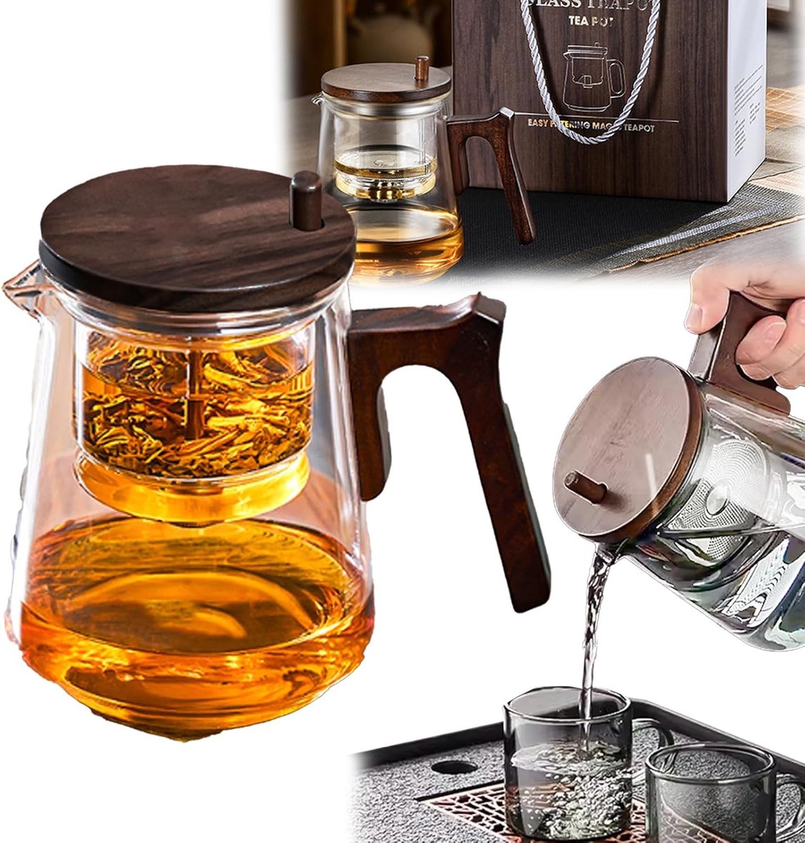800 ml glas, transparante theepot met zeef, hittebestendig, groot, glazen theepot met houten handvat, 16 x 14,5 cm