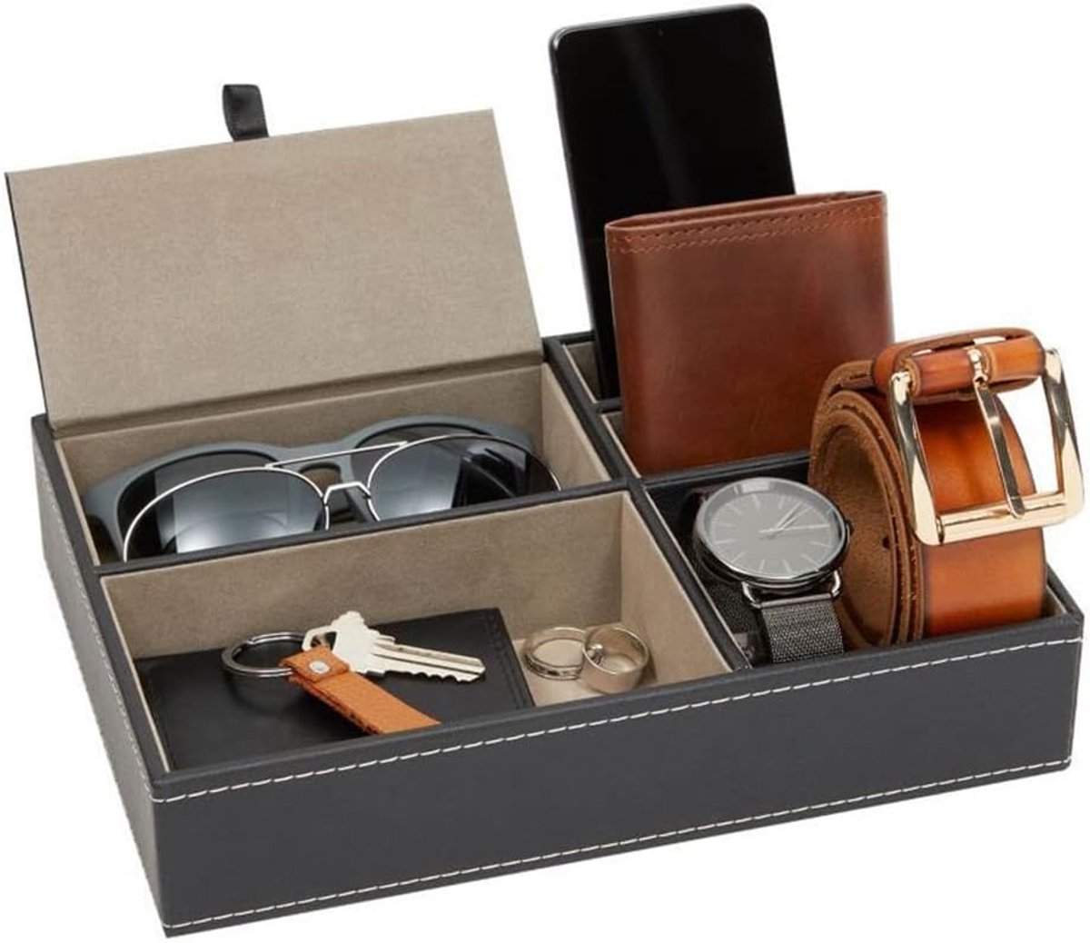 dienblad van leer, nachtkastje, grijs, organizer box voor bureau of commode, opbergdoos van kunstleer voor sleutels, telefoon, portemonnee, munten, sieradenhorloge – nachtkastje organizer