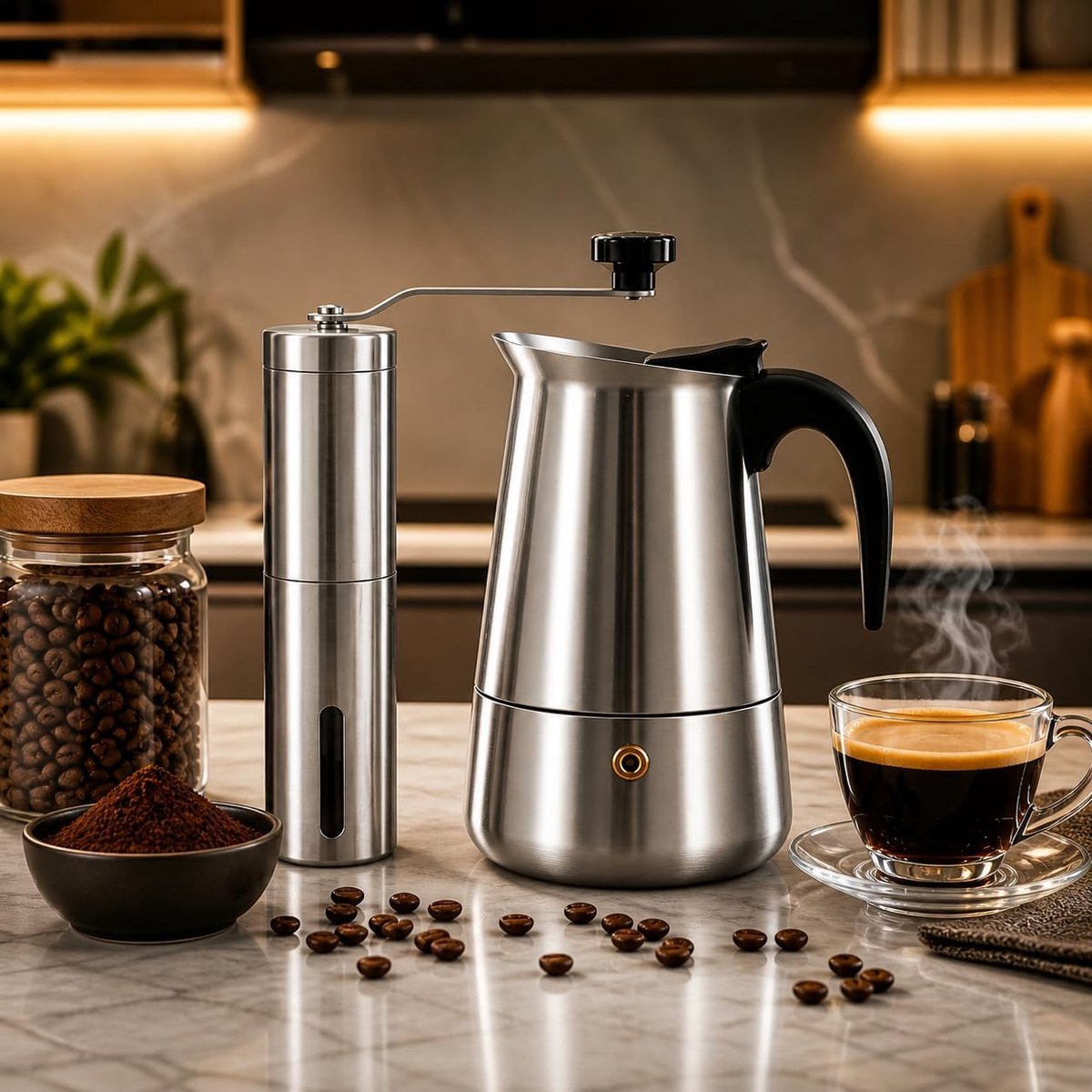 Koffiezetapparaat inductie-koffiezetapparaat set met molen Italiaans koffiezetapparaat van roestvrij staal koffiezetapparaat voor 9 kopjes (450 ml) compatibel met alle warmtebronnen