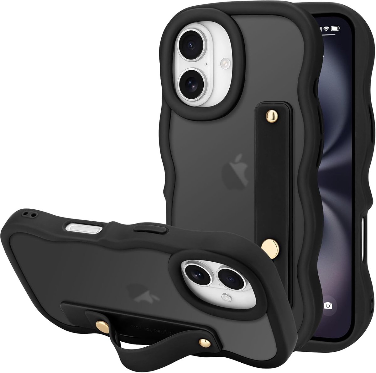 Beschermhoes voor iPhone 16, transparant, golvend, zwart | Beschermhoes van TPU-siliconen, slank, schokbestendig, golvend frame, met polsband