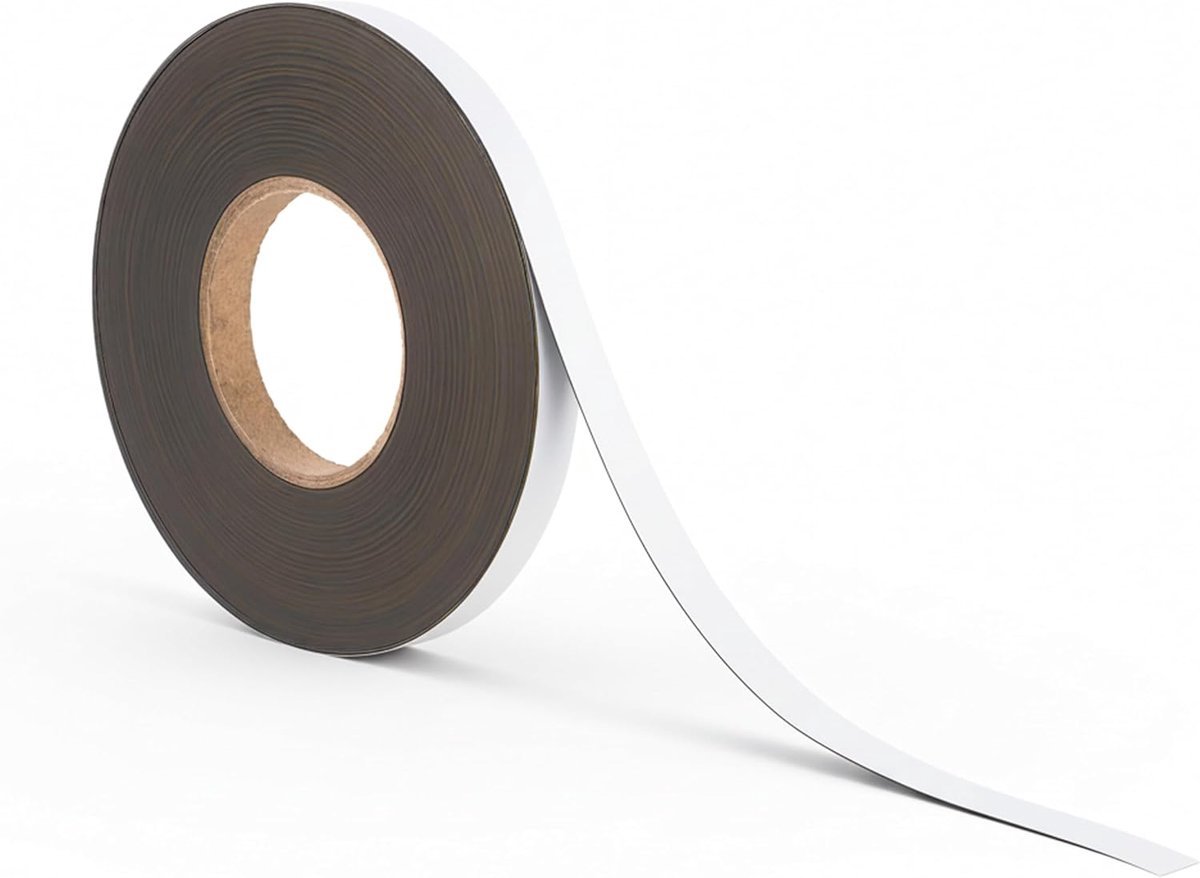 15 mm witte magneetband op rol | 10 meter | NIET zelfklevend | Beschrijfbare witte vinyllaag | Sterke magneetkracht | Magneetstrip