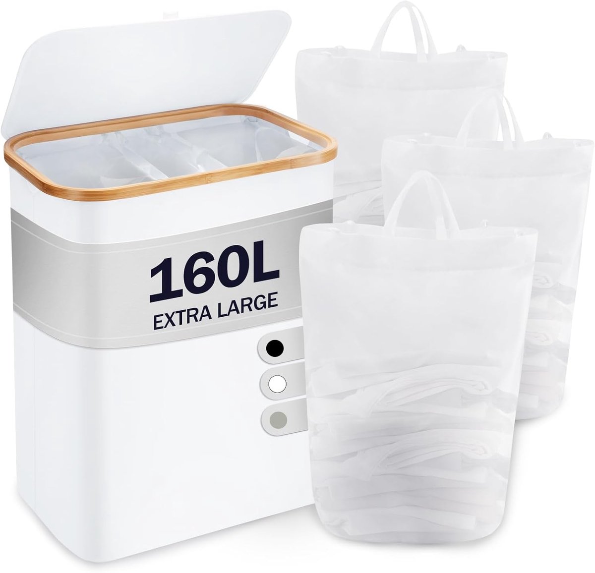 Wasmand met deksel, 3 vakken, 160 liter, wasverzamelaar met 3 waszakken, grote, opvouwbare wassorteerder, bamboe, hoge wasmand, wit