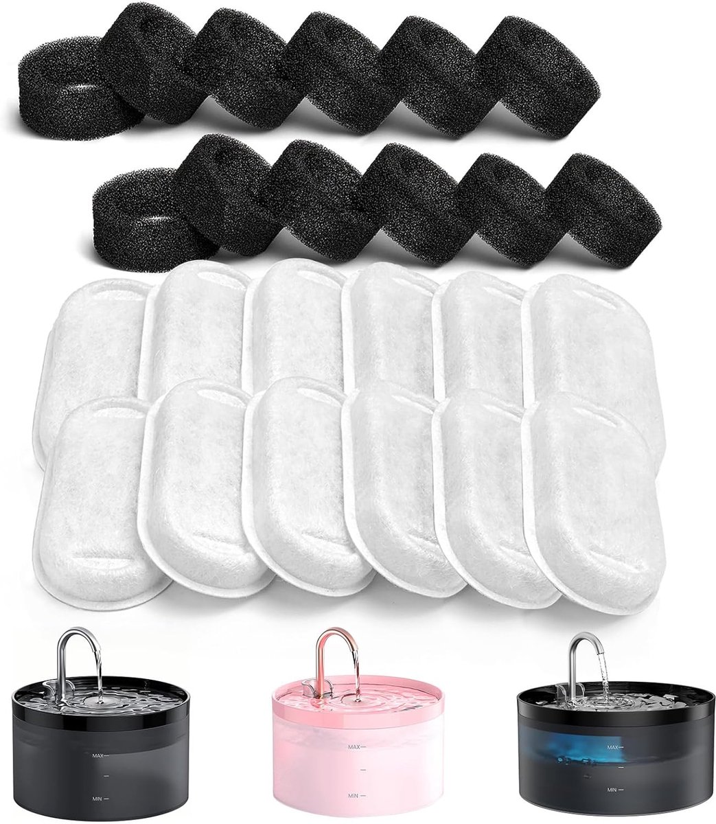 Filter voor kattenfontein, 12 stuks filters + 12 stuks schuimstoffilters voor kattendrinkfontein, filterende haren (spons), drievoudige filtering (filter), geschikt voor H1