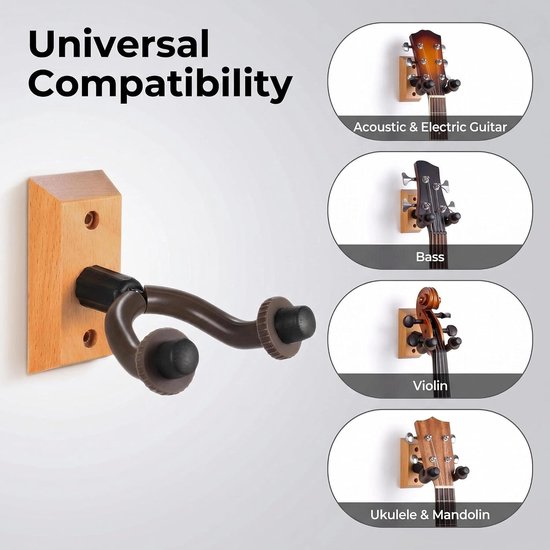 Gitaarhanger voor wandmontage 4-pack, hardhouten gitaarhanger Muurhaak Beugelhouder Standaard Display met schroeven - Eenvoudig te installeren - Past op alle maten gitaren, bas, mandoline, banjo, ukelele — afbeelding 4