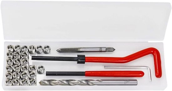 Schroefdraadreparatieset, sneldraaistaal schroefdraadreparatieset met rode kunststof handgreep, helicoilkit voor M6, geschikt voor boormachine, dagelijkse reparatie, autoreparatie en meer — afbeelding 4