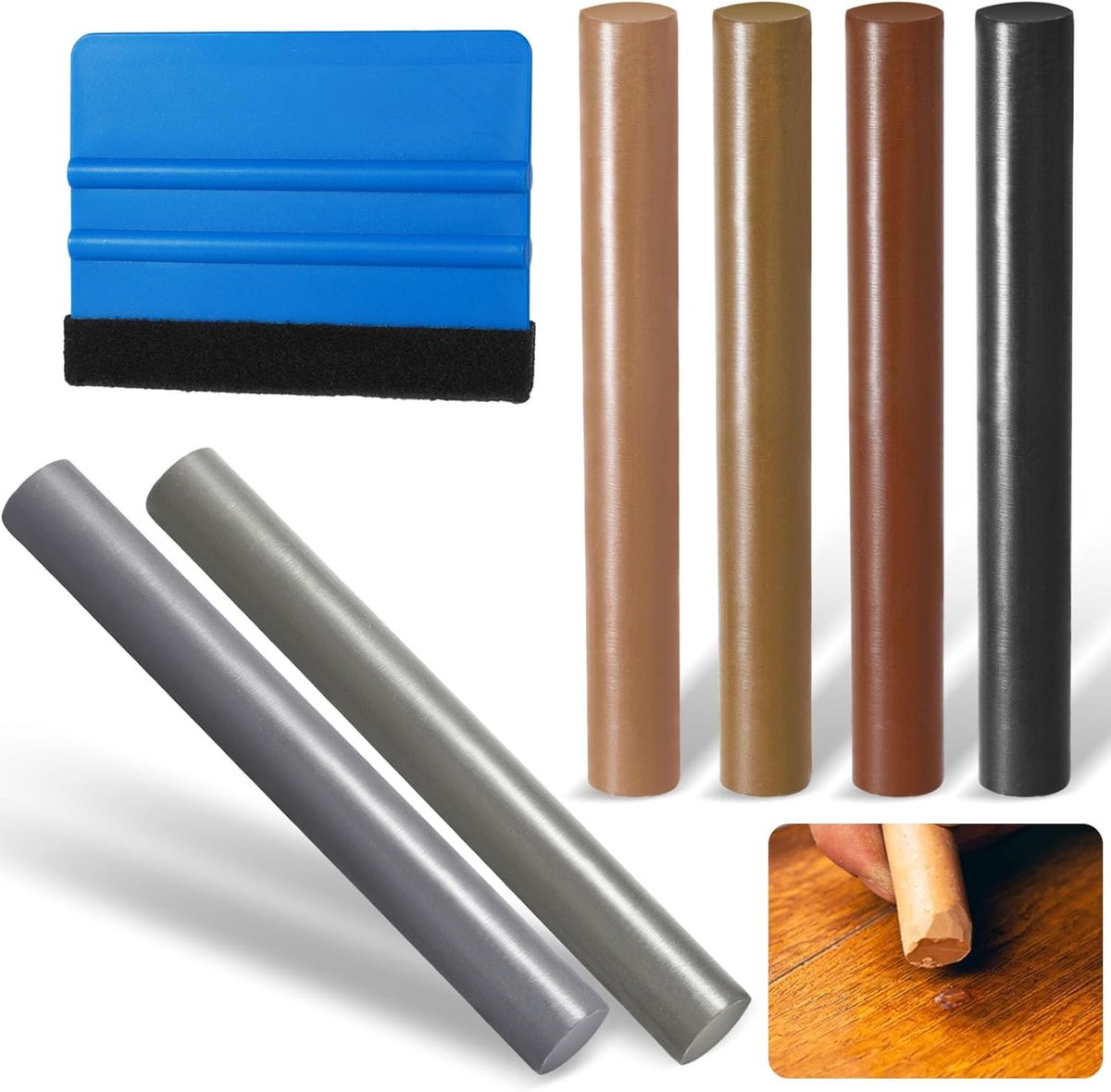 6 Stuks Harde Wax-reparatieset, Laminaatreparatieset met Blauwe Schraper, Kleuren Houten Meubelreparatieset, Verwarmbare Parket Reparatieset voor Het Repareren van Beschadigingen en Krassen