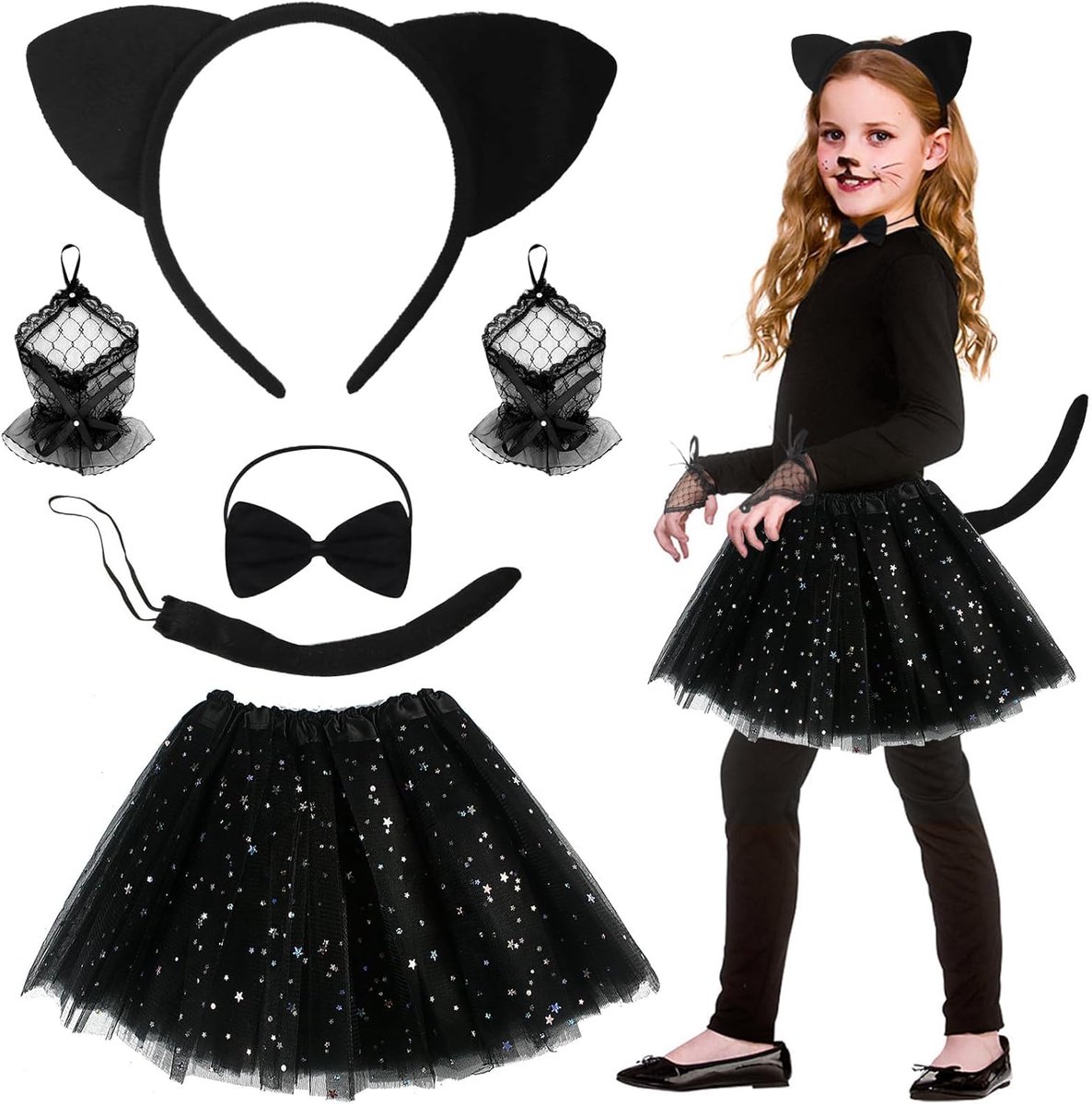 Kostuums voor, carnaval, Alleen voor 15 jaar en ouder | dierenoren, vlinderdas, handschoenen, staart, cosplay, tutu, dierkostuums voor(Black Sequins)
