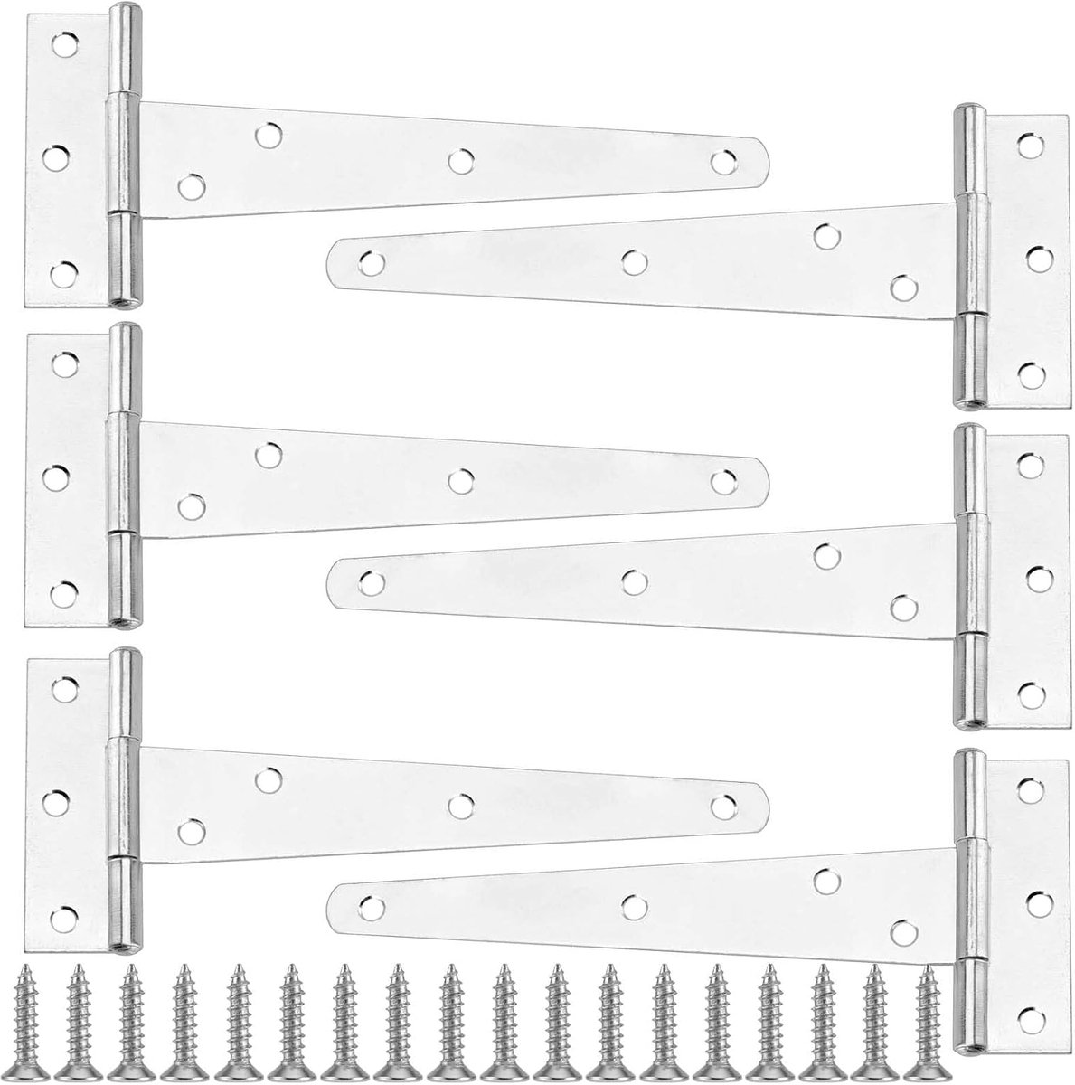Scharnieren, driehoek, 150 mm T-scharnieren met 42 schroeven, 6 inch inklapbare tuinpoort, T-vormige scharnieren, verzinkt voor schuurdeuren, kastdeur, zilver